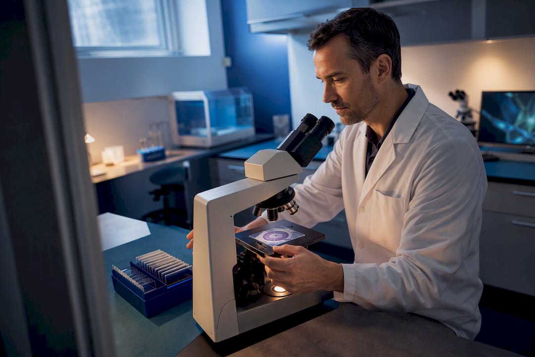 Researcher examining hippocampal tissue under microscope