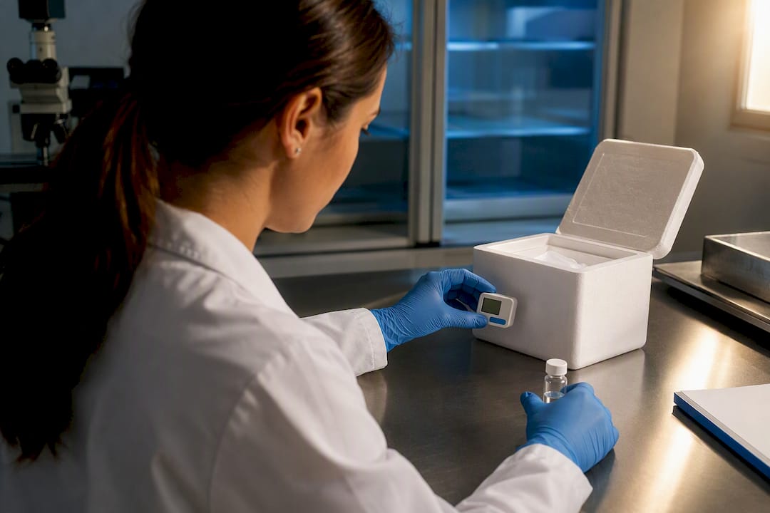 Analyst checking peptide sample cold-chain condition