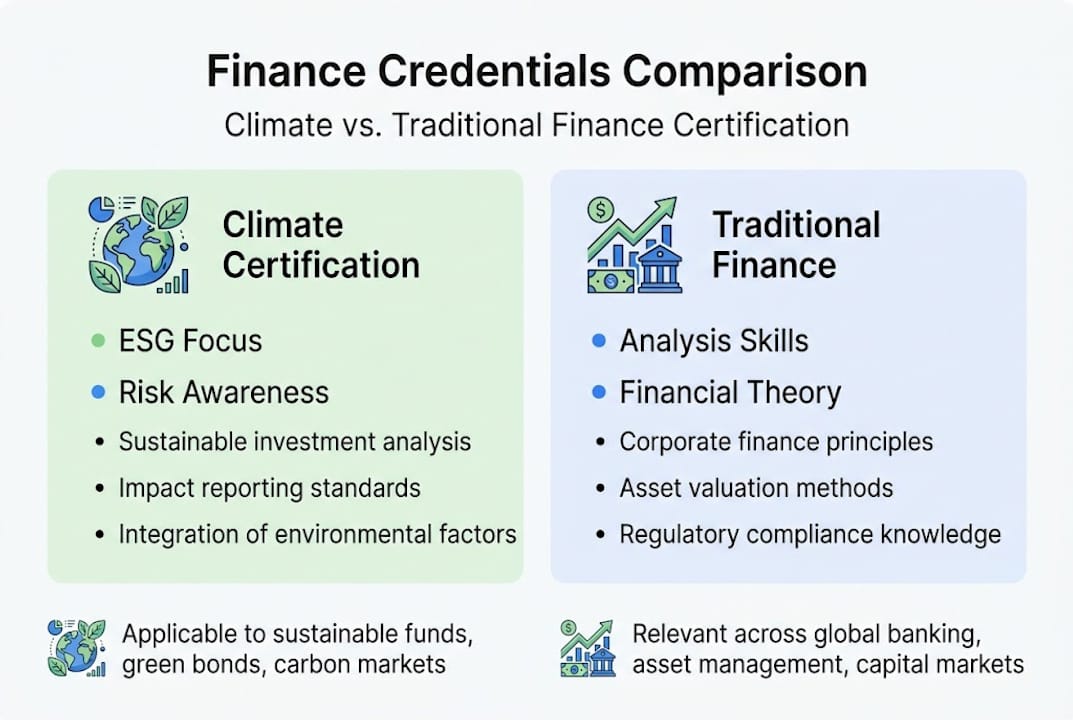 Infographic comparing climate and traditional finance certifications