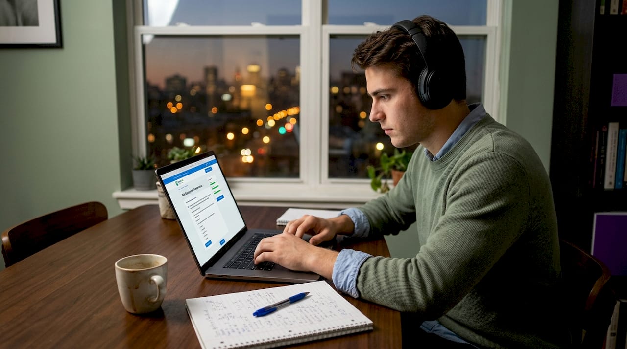 Man taking practice exam in tidy home workspace