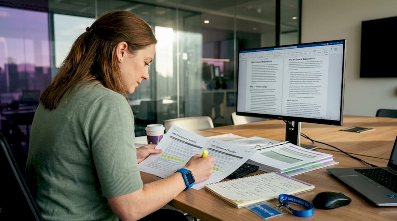 Compliance manager reviewing ESG disclosure standards