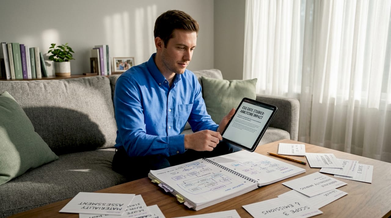 Man reviewing ESG case studies on sofa