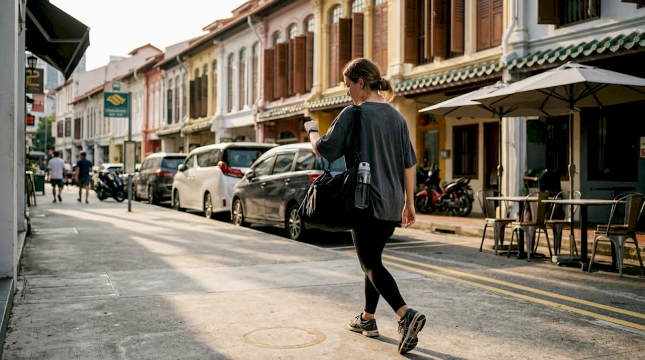 Woman walking to gym in Singapore city