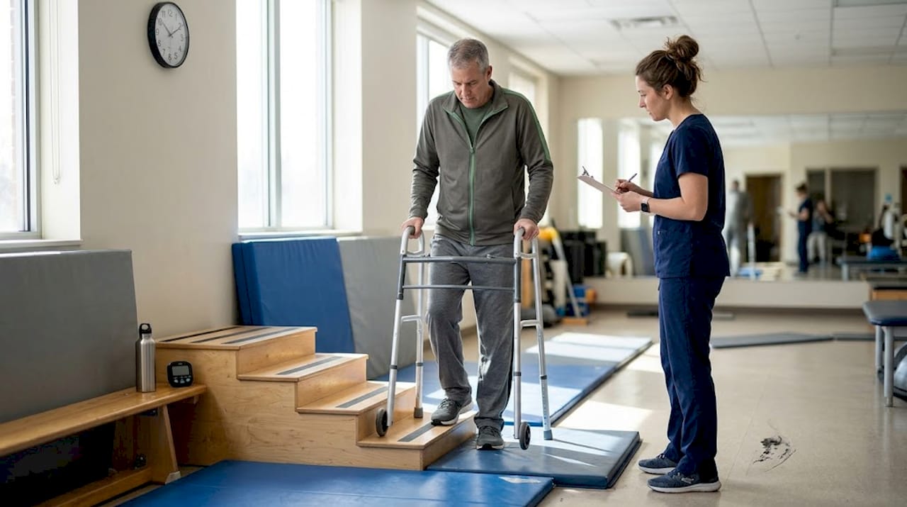 Patient practicing steps during rehab session