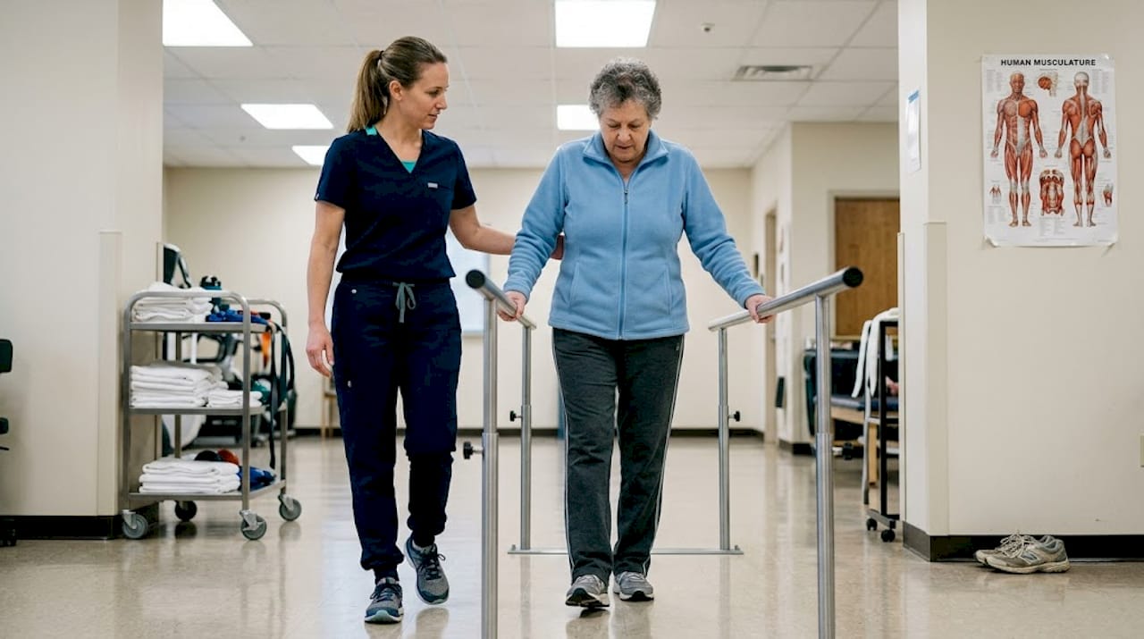 Physical therapist assists patient walking in clinic