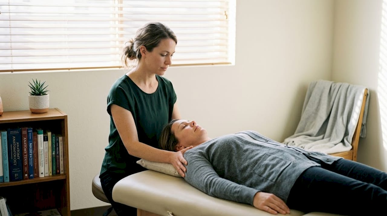 Therapist provides craniosacral therapy in sunny clinic