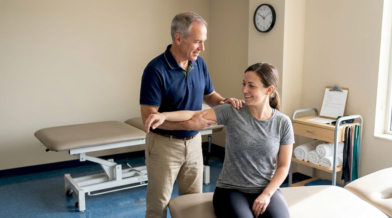 Physical therapist guiding patient arm in clinic