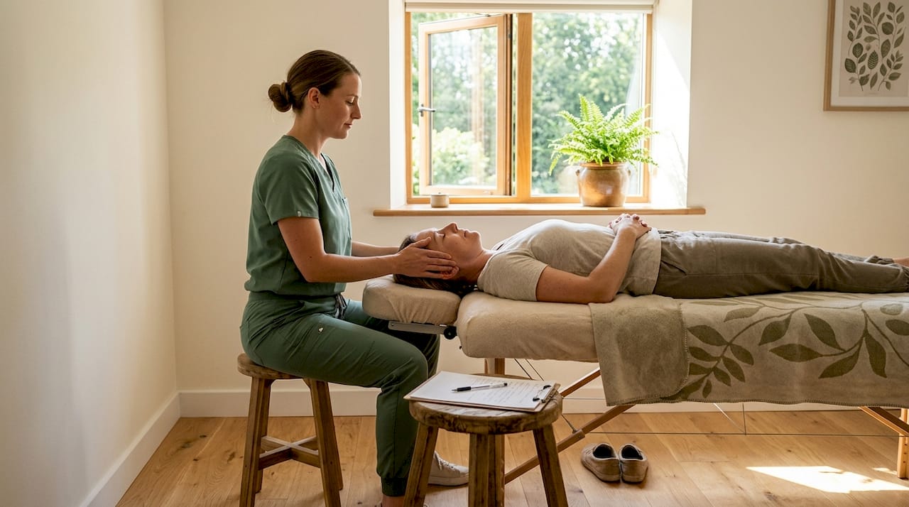 Therapist performing craniosacral session in clinic