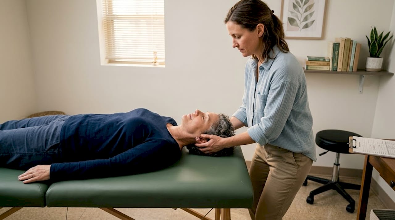 Therapist performing craniosacral session in clinic