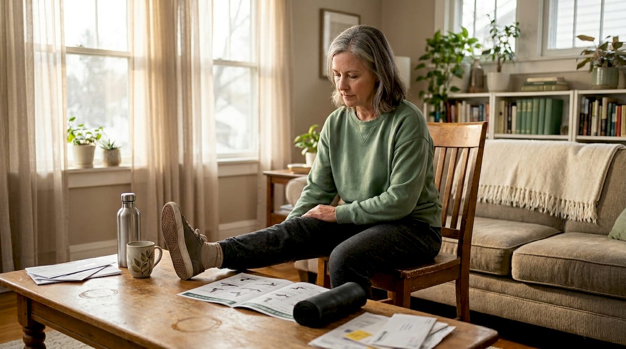 Woman doing home physical therapy exercises