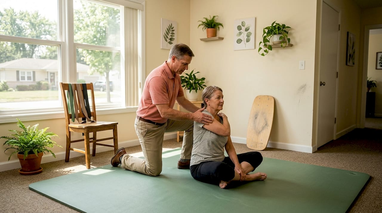 Therapist demonstrating stretches in clinic session