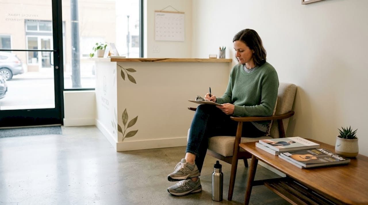 Patient filling out forms in physical therapy waiting room