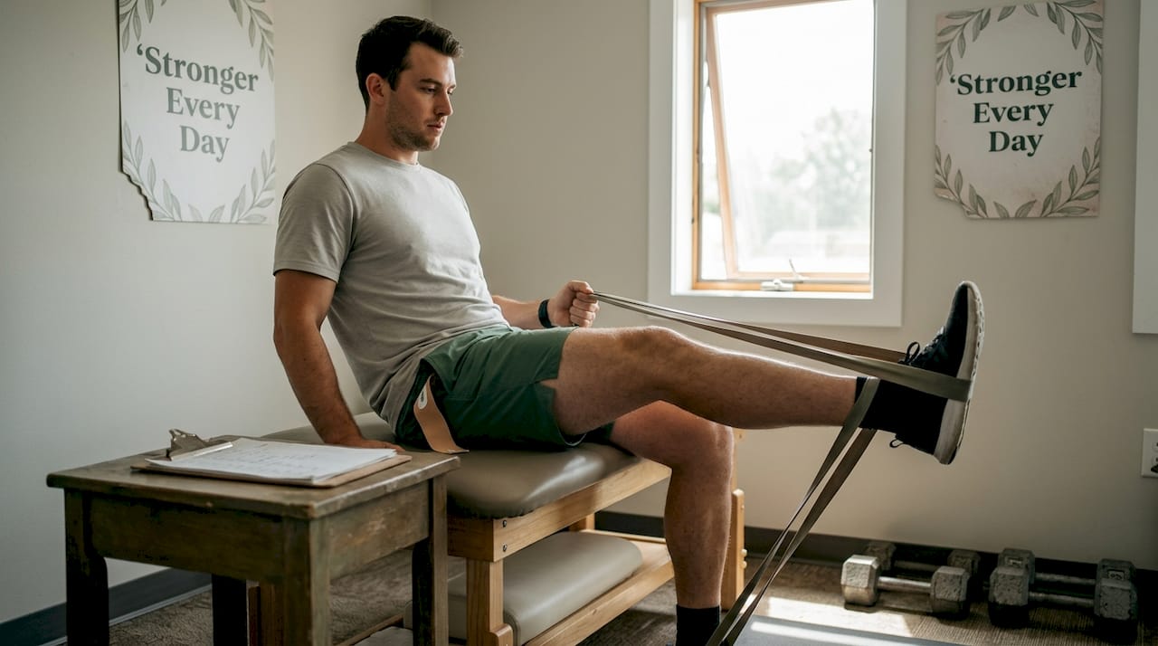 Patient doing resistance band leg rehab exercise