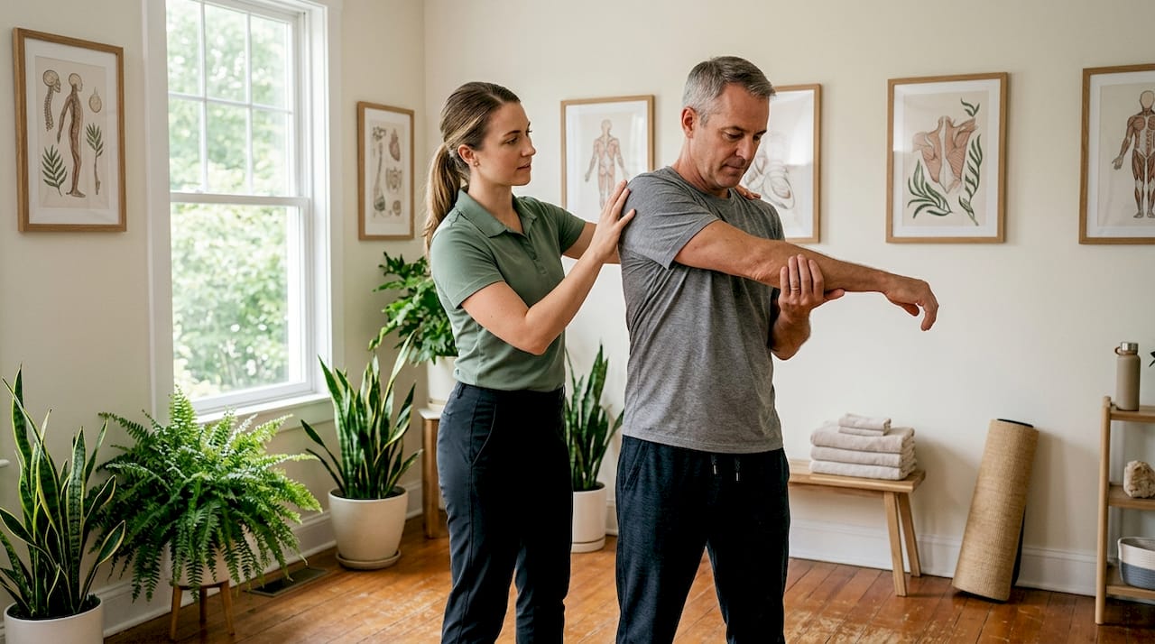 Therapist guides patient in rehabilitation studio