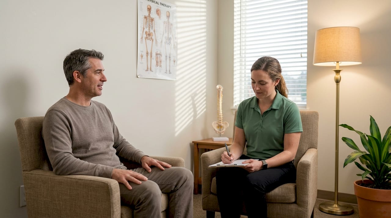 Patient discusses chronic pain with therapist