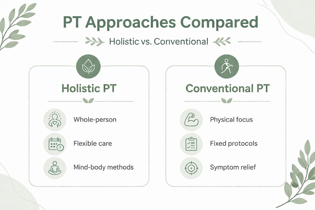 Infographic comparing holistic and conventional PT approaches