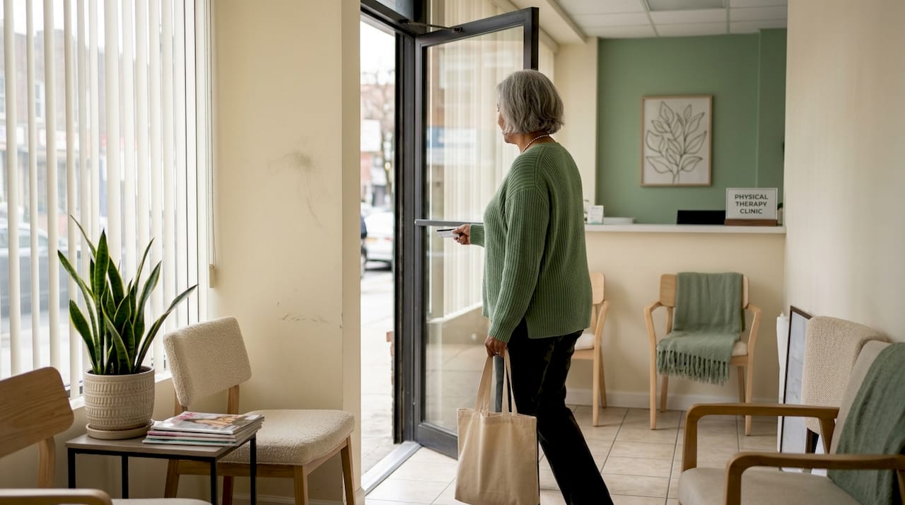 Patient arriving at neighborhood physical therapy clinic