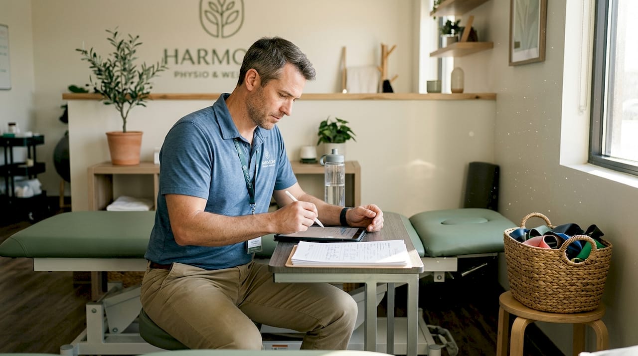 Physical therapist documenting session notes at clinic desk
