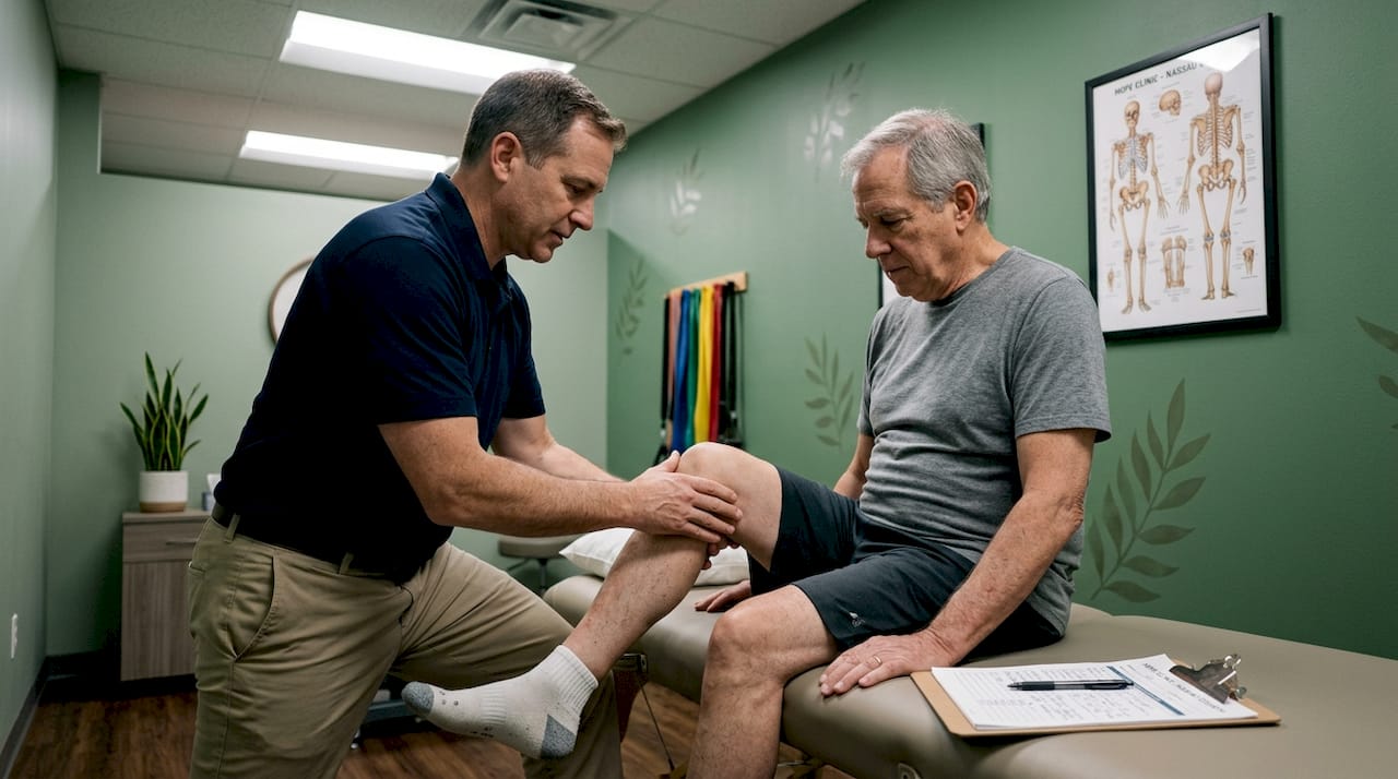 Therapist assists older man with knee exercises