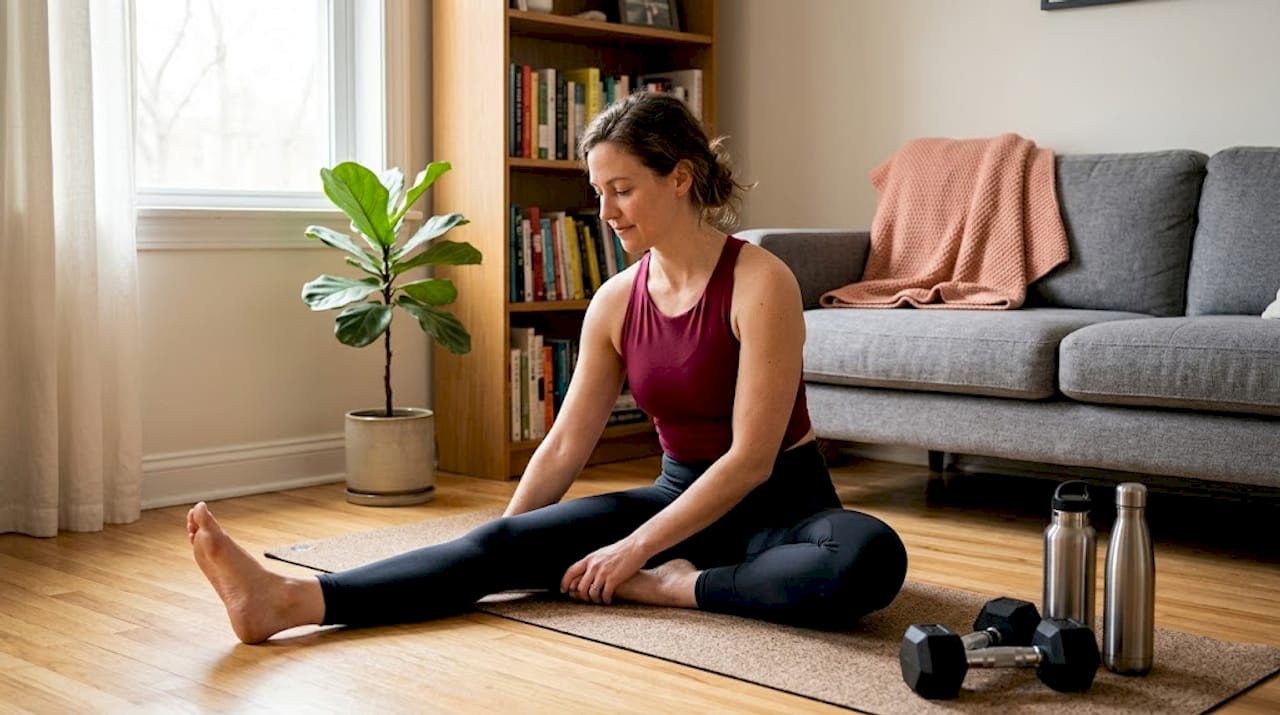 Woman stretching on yoga mat in living room