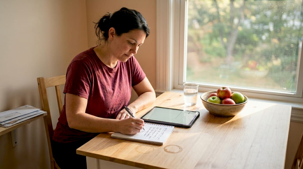 Woman writing weight loss goals at kitchen table