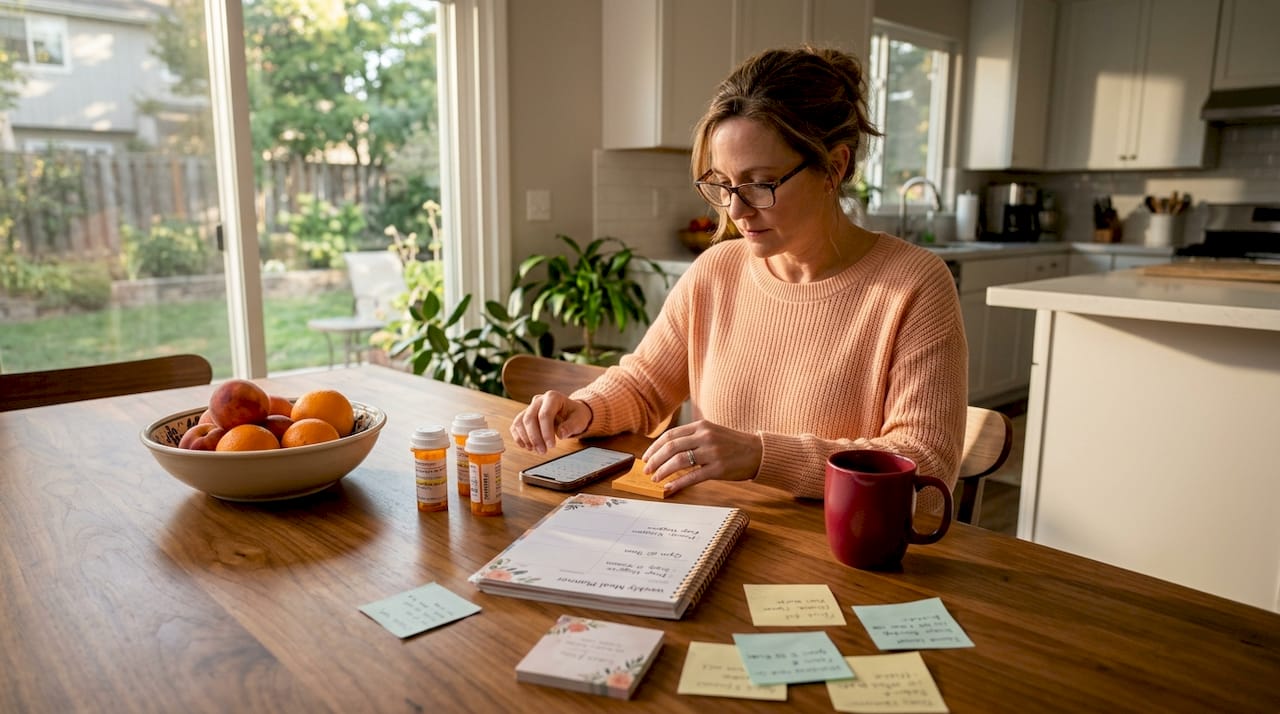 Woman planning meals at home table