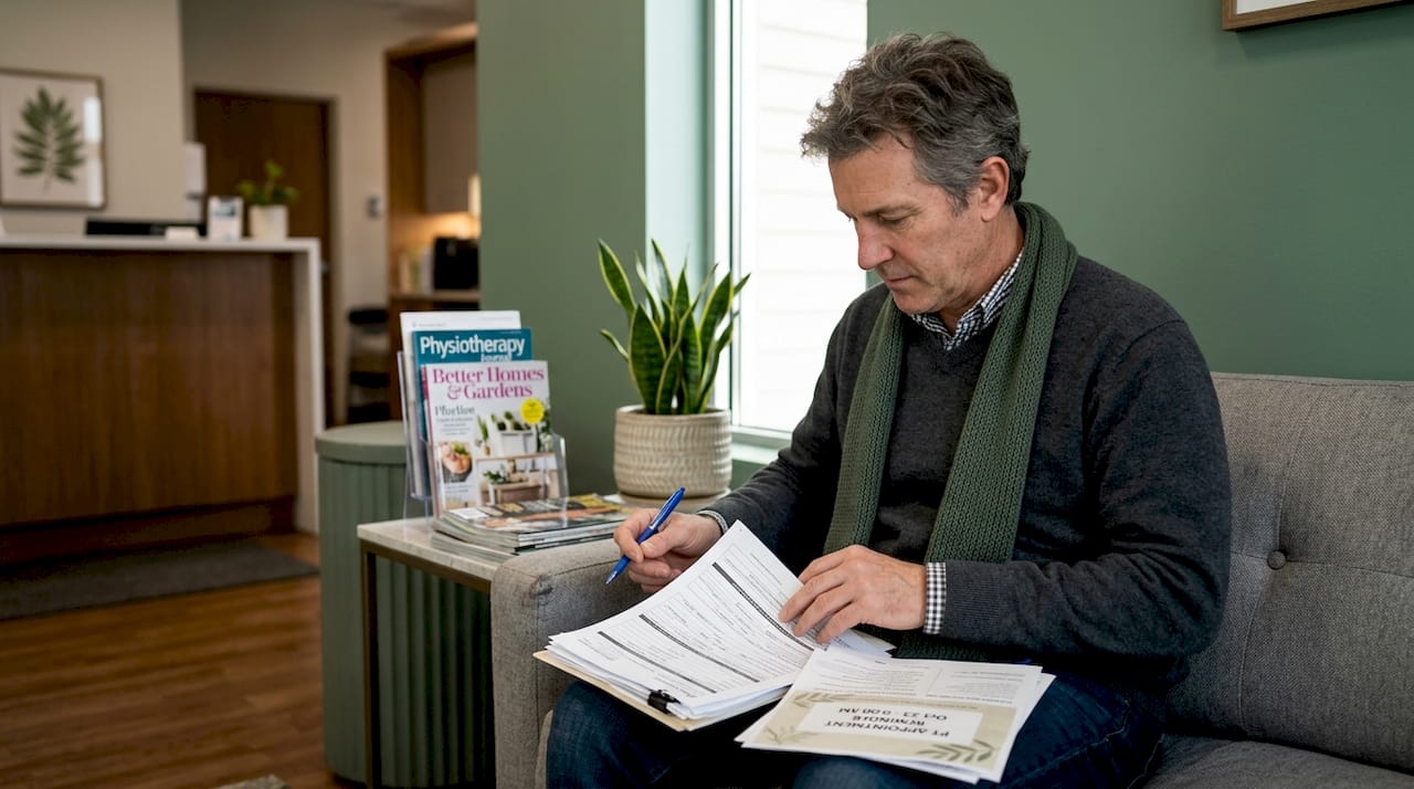 Patient sorting insurance forms in clinic waiting
