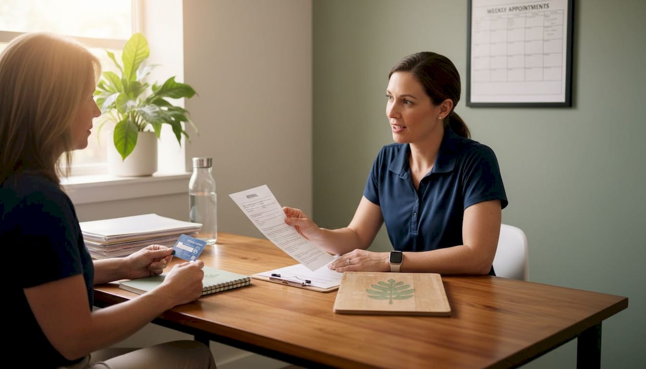 Physical therapist reviewing insurance documents
