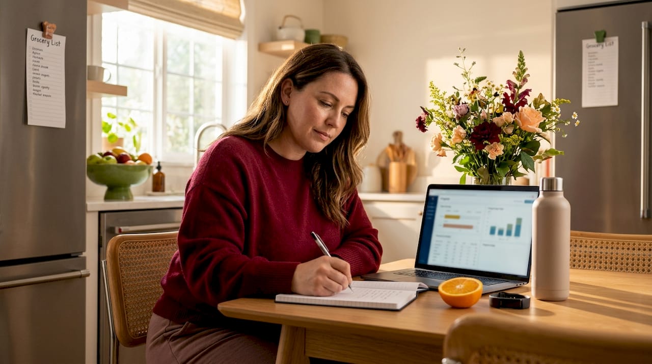 Woman updating weight loss plan at kitchen island