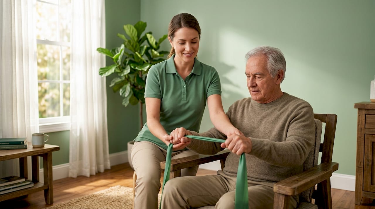 Therapist assisting senior recovery in clinic