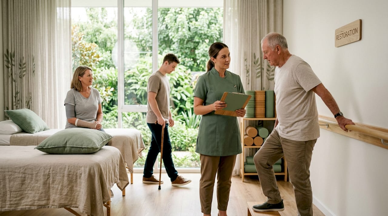Three patients practicing different therapy types
