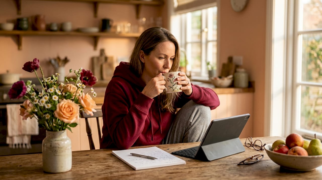 Woman reading health article at kitchen island