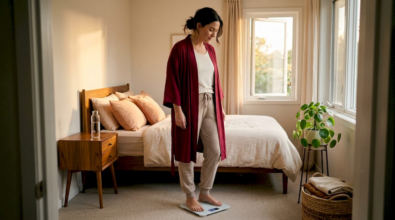 Woman checking weight on home scale in morning