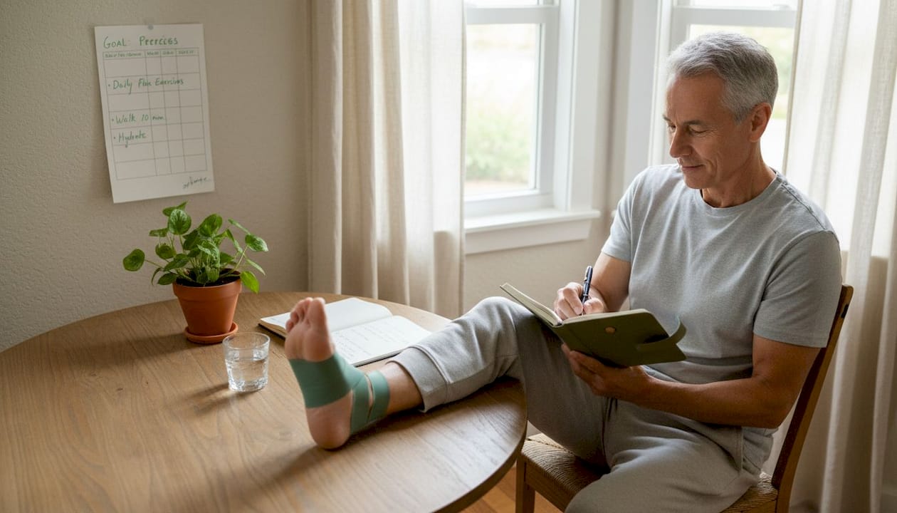 Man tracking rehab progress during home exercise