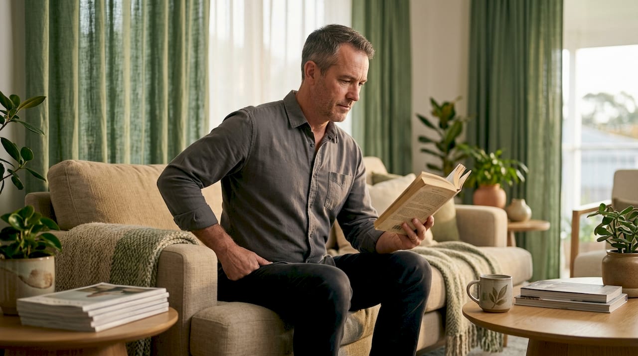 Man practicing aligned sitting posture at home