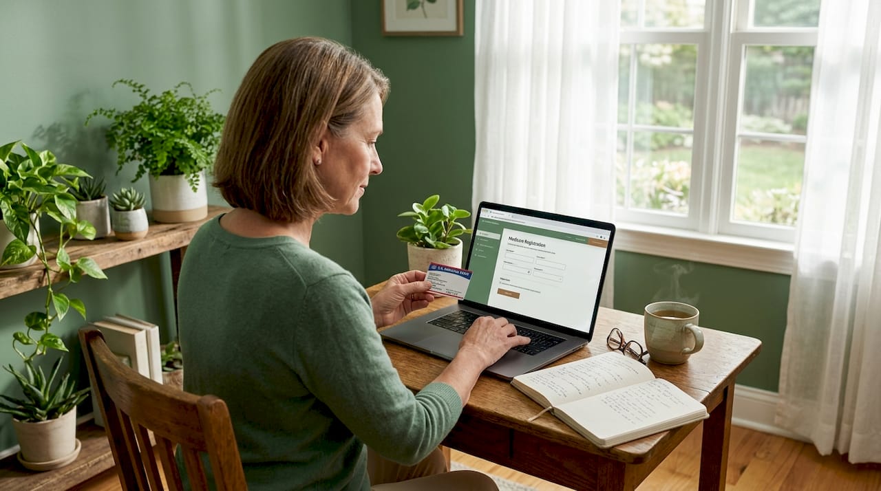 Woman checking PT eligibility with laptop and insurance card
