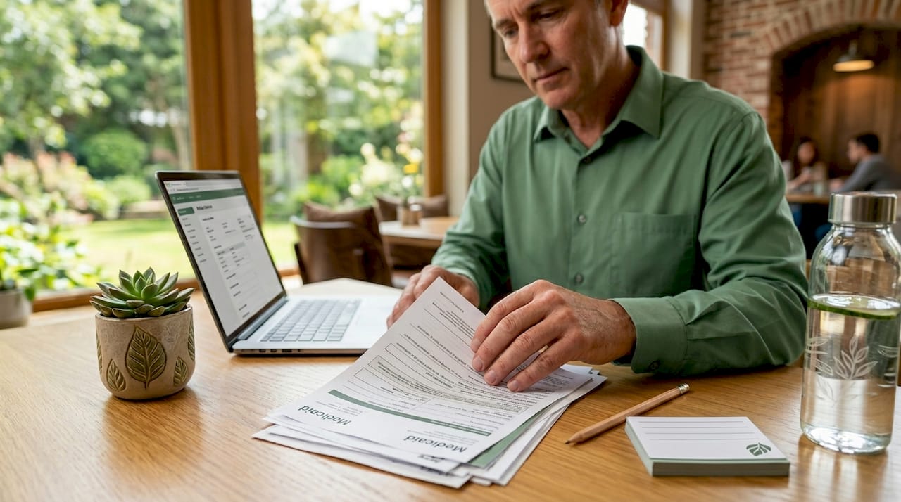 Man reviewing Medicaid eligibility paperwork at library workstation