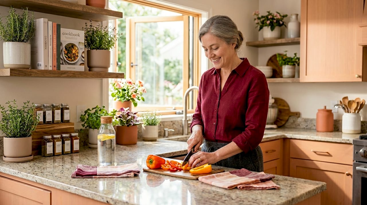 Woman prepping healthy meal in morning kitchen