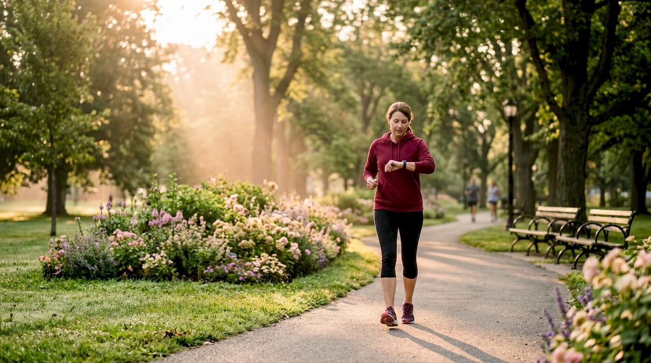 Woman walking for fitness at sunrise