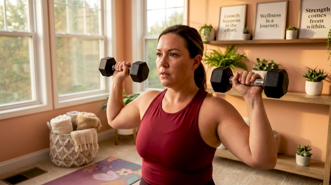 Woman strength training at home with dumbbells