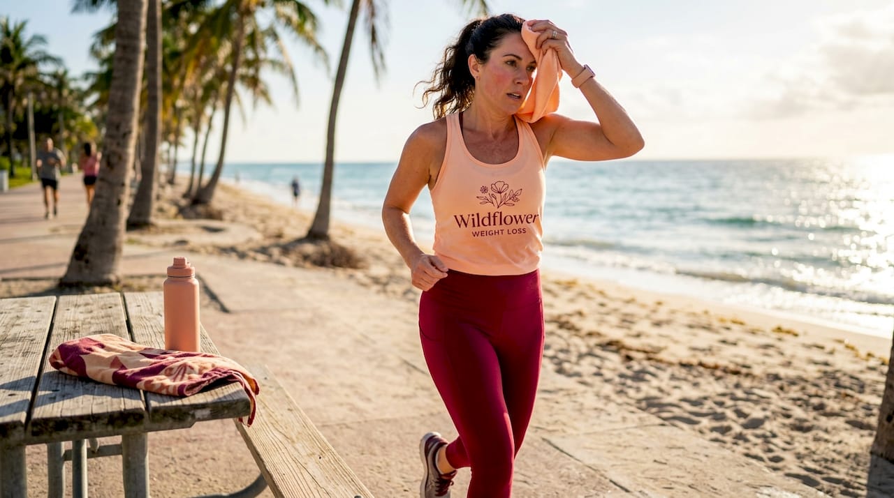 Florida woman jogging near waterfront palm trees