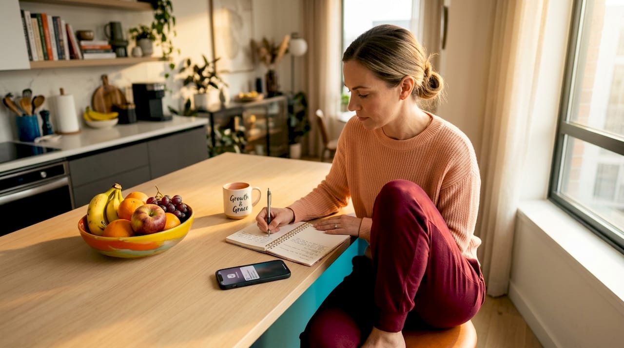 Woman recording weight loss notes in kitchen journal
