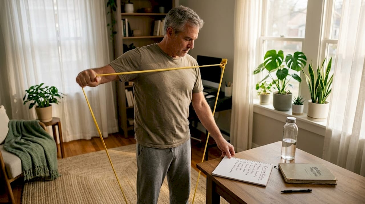 Man doing shoulder rehab exercise at home