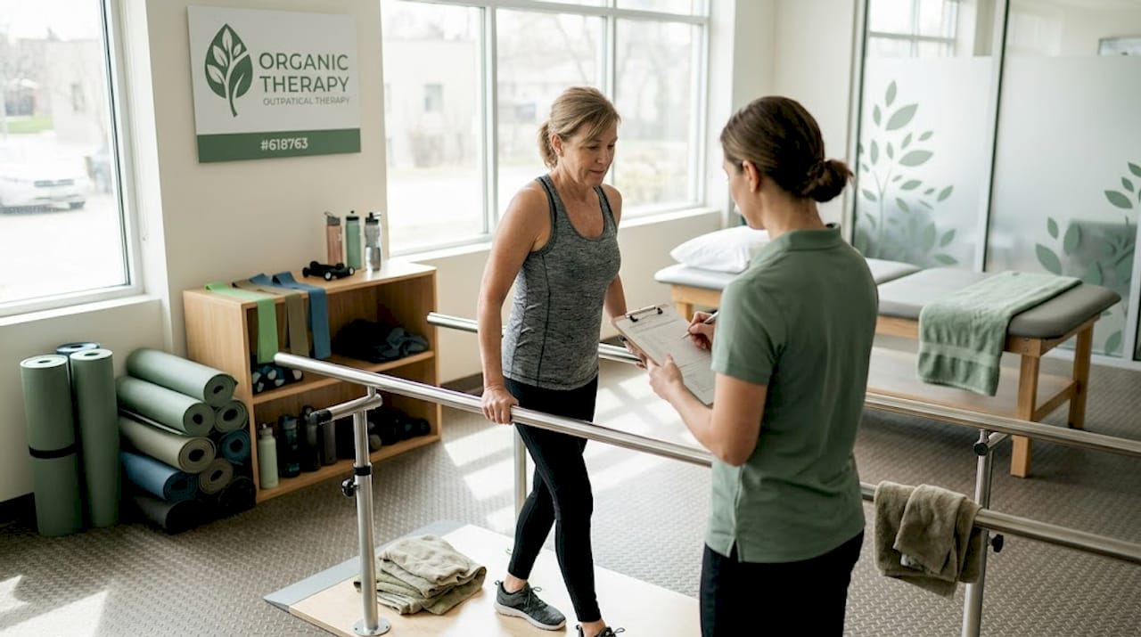 Physical therapist helps patient walk in clinic