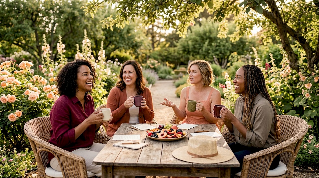 Women sharing peer support in living room setting