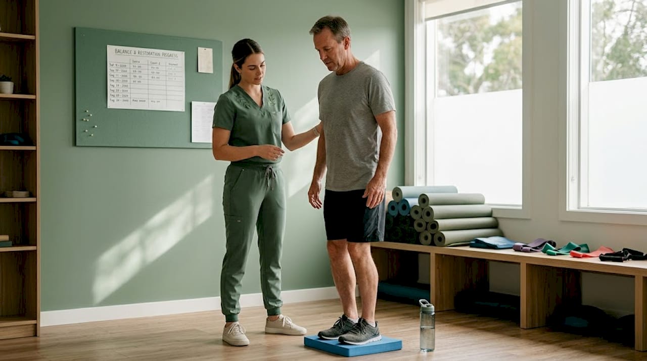 Personal rehab session with balance exercise in gym