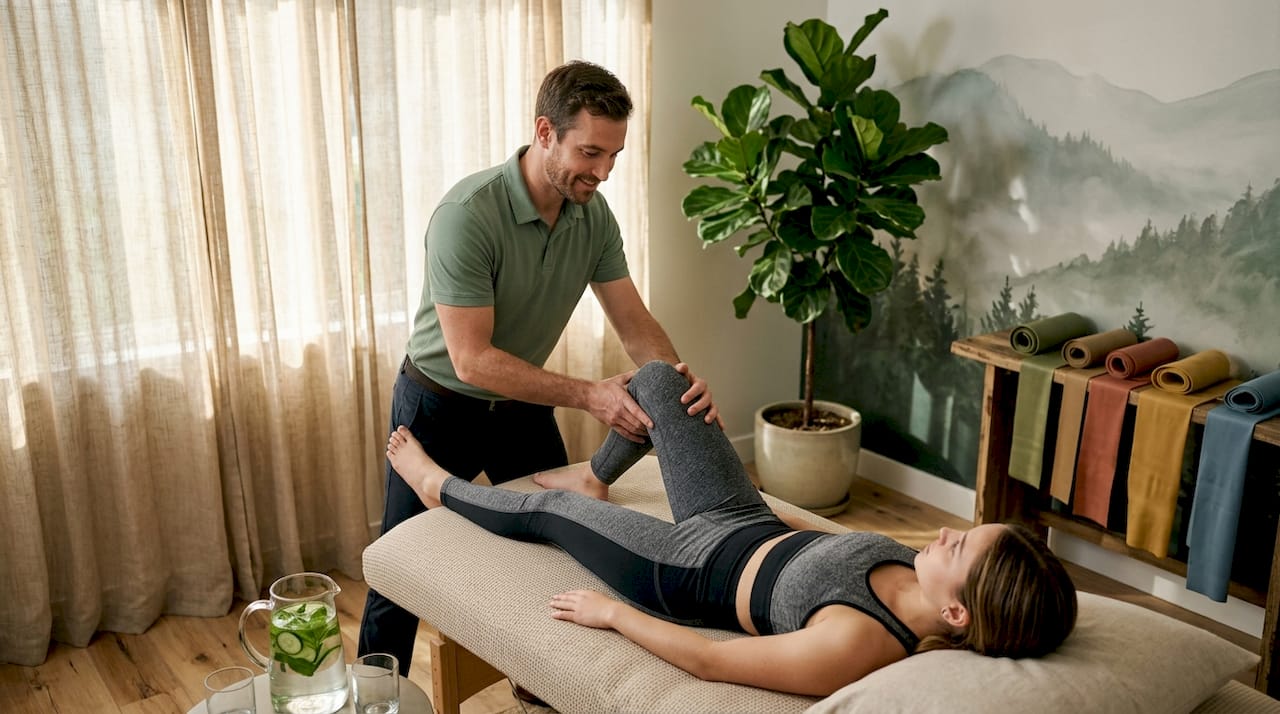 Therapist assisting athlete with knee rehab in clinic