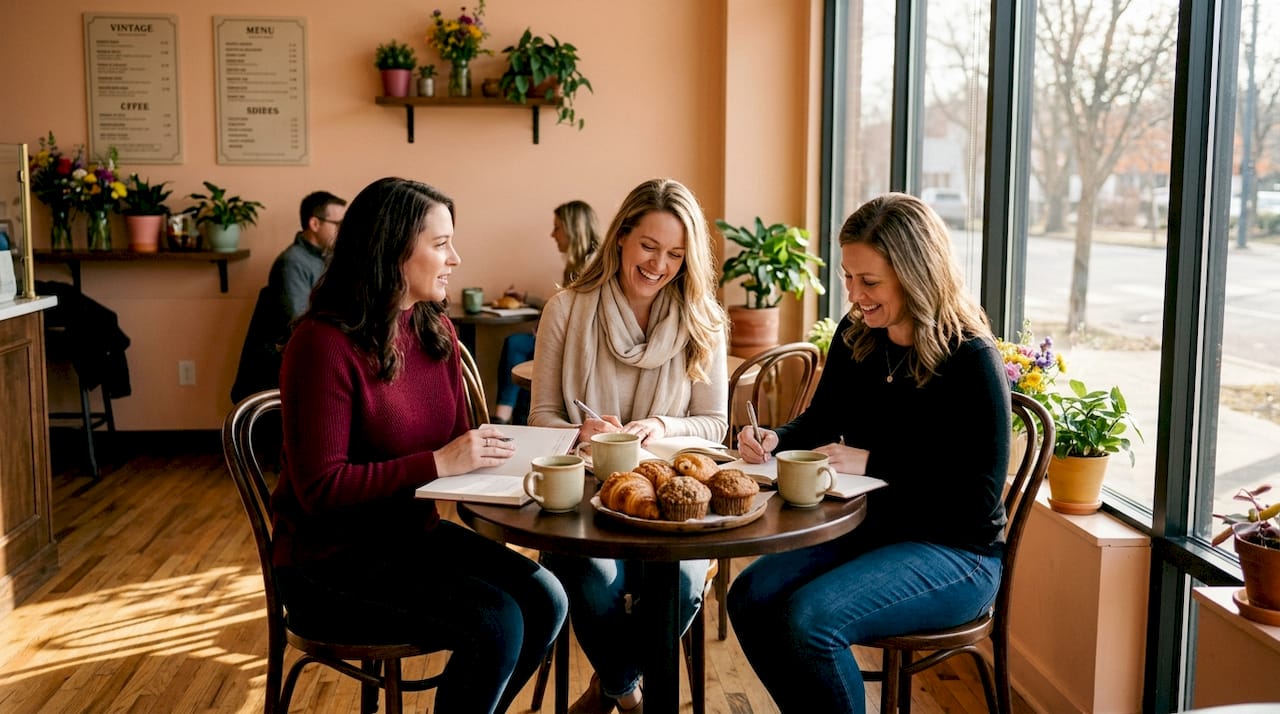 Three women discussing weight loss community