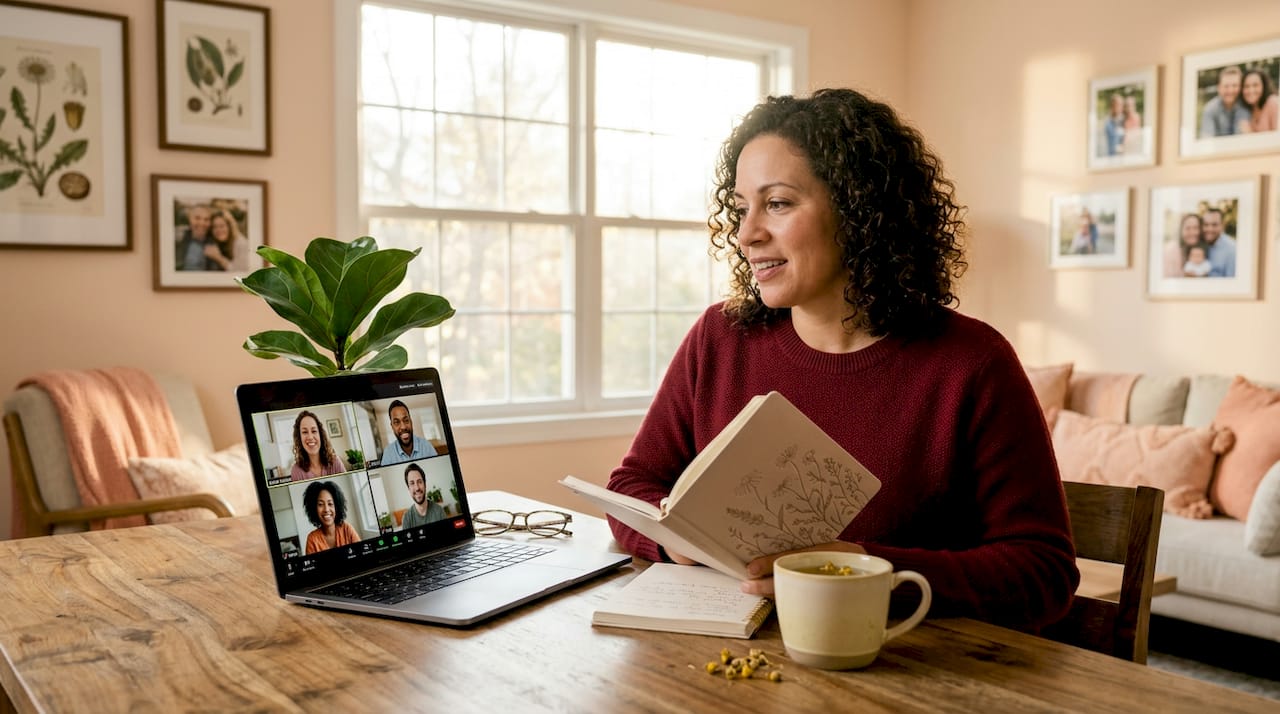 Woman joining peer support call in kitchen