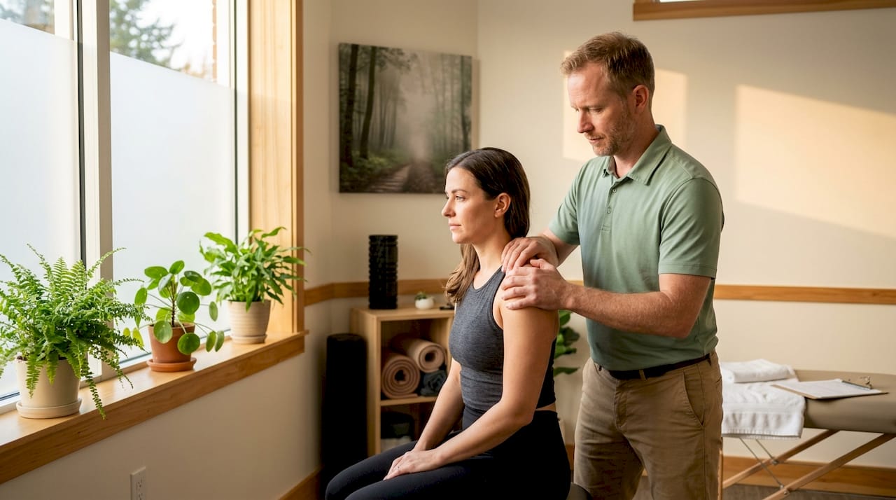 Physical therapist assists patient shoulder mobility